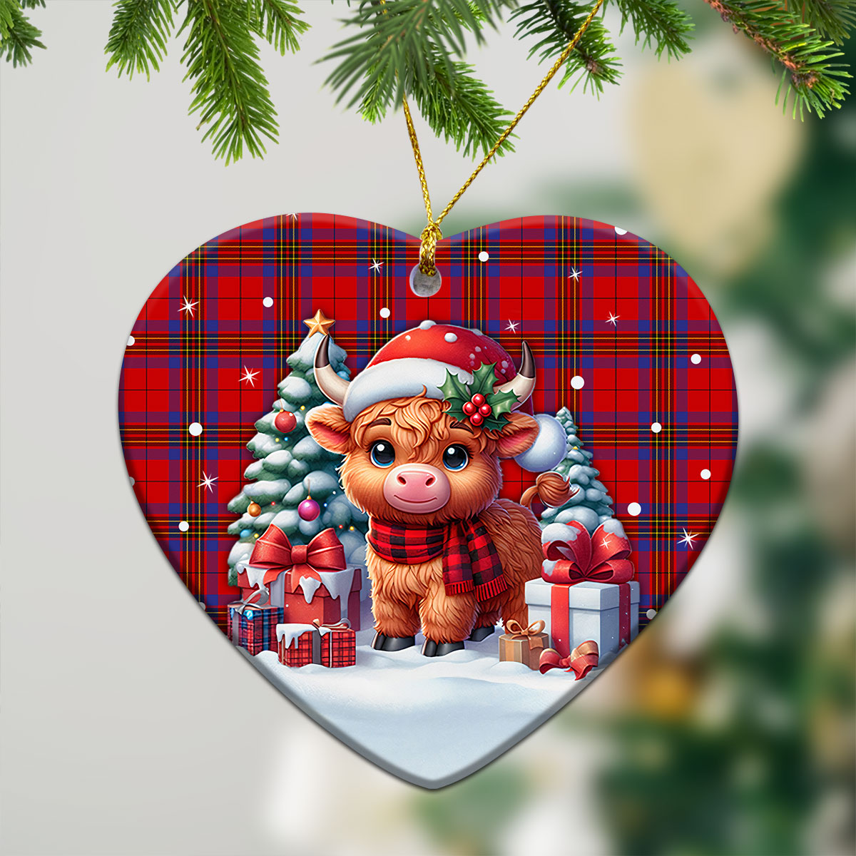 Leslie Modern Tartan Christmas Ceramic Ornament - Highland Cow Winter Style