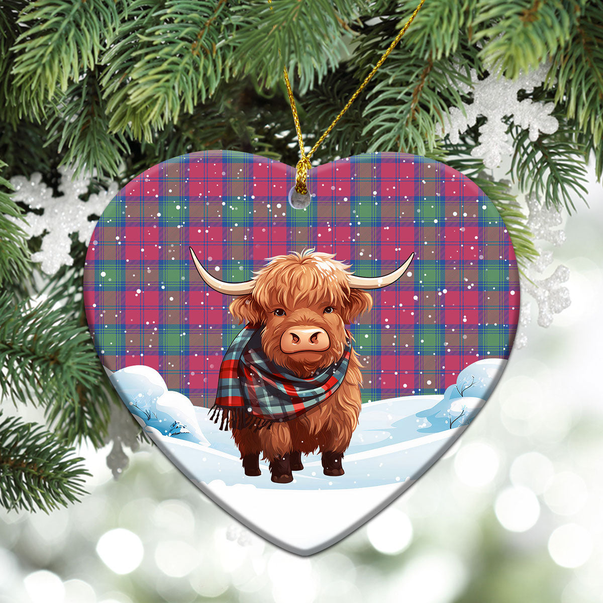 Lindsay Ancient Tartan Christmas Ceramic Ornament - Highland Cows Snow Style