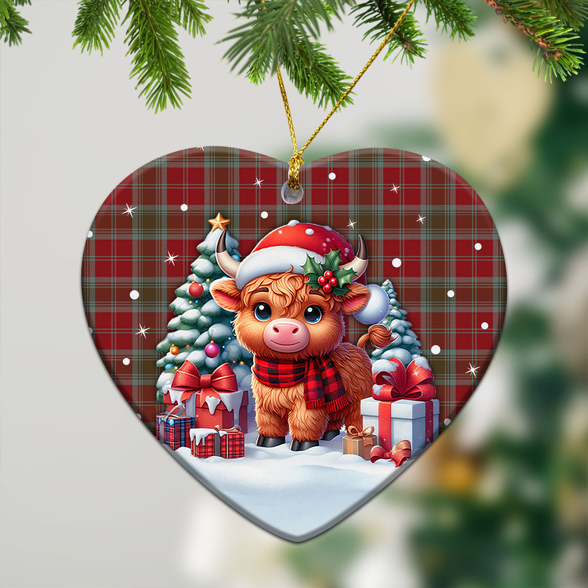 Lindsay Weathered Tartan Christmas Ceramic Ornament - Highland Cow Winter Style