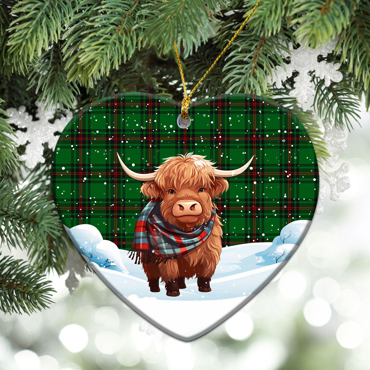 Logie Tartan Christmas Ceramic Ornament - Highland Cows Snow Style