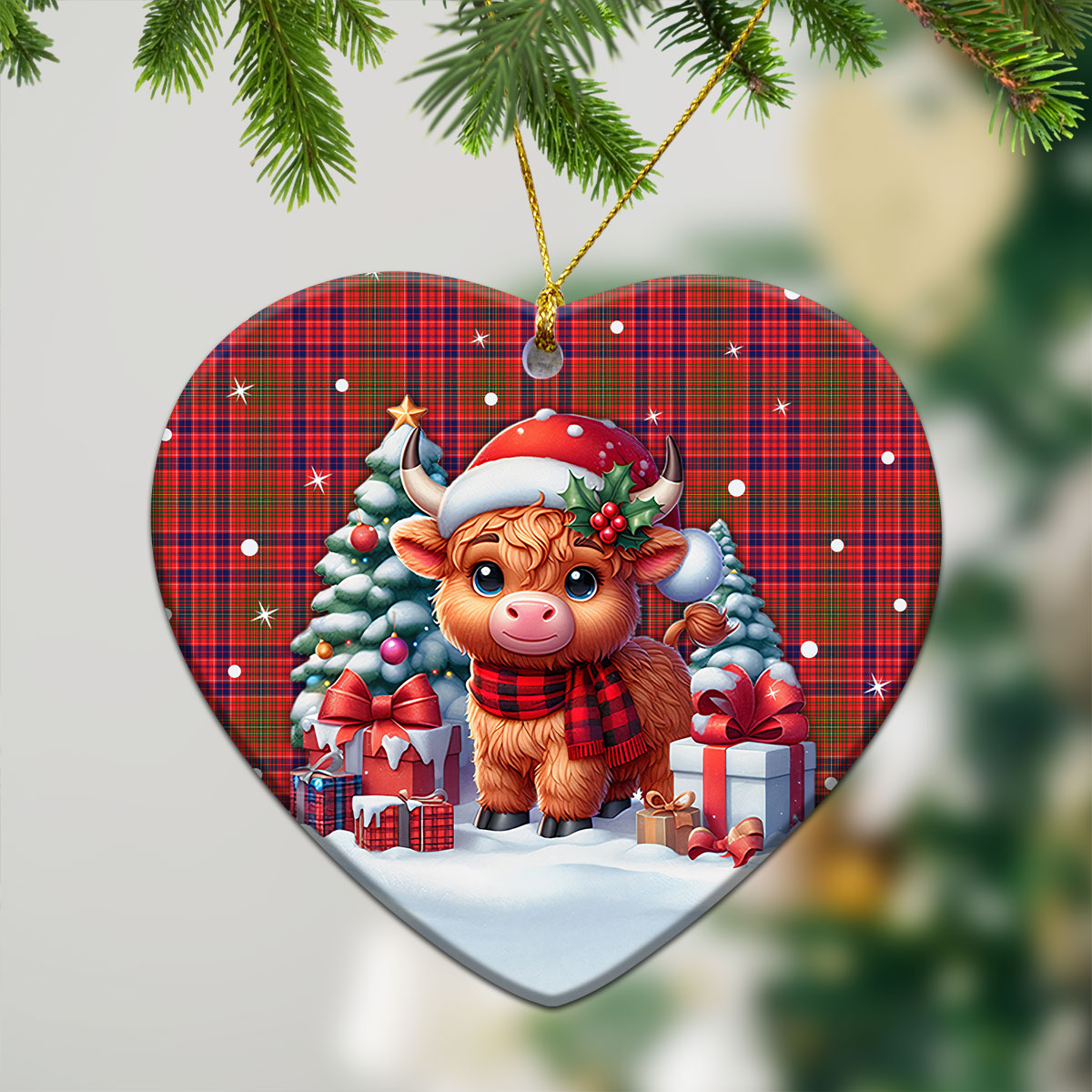 Lumsden Modern Tartan Christmas Ceramic Ornament - Highland Cow Winter Style