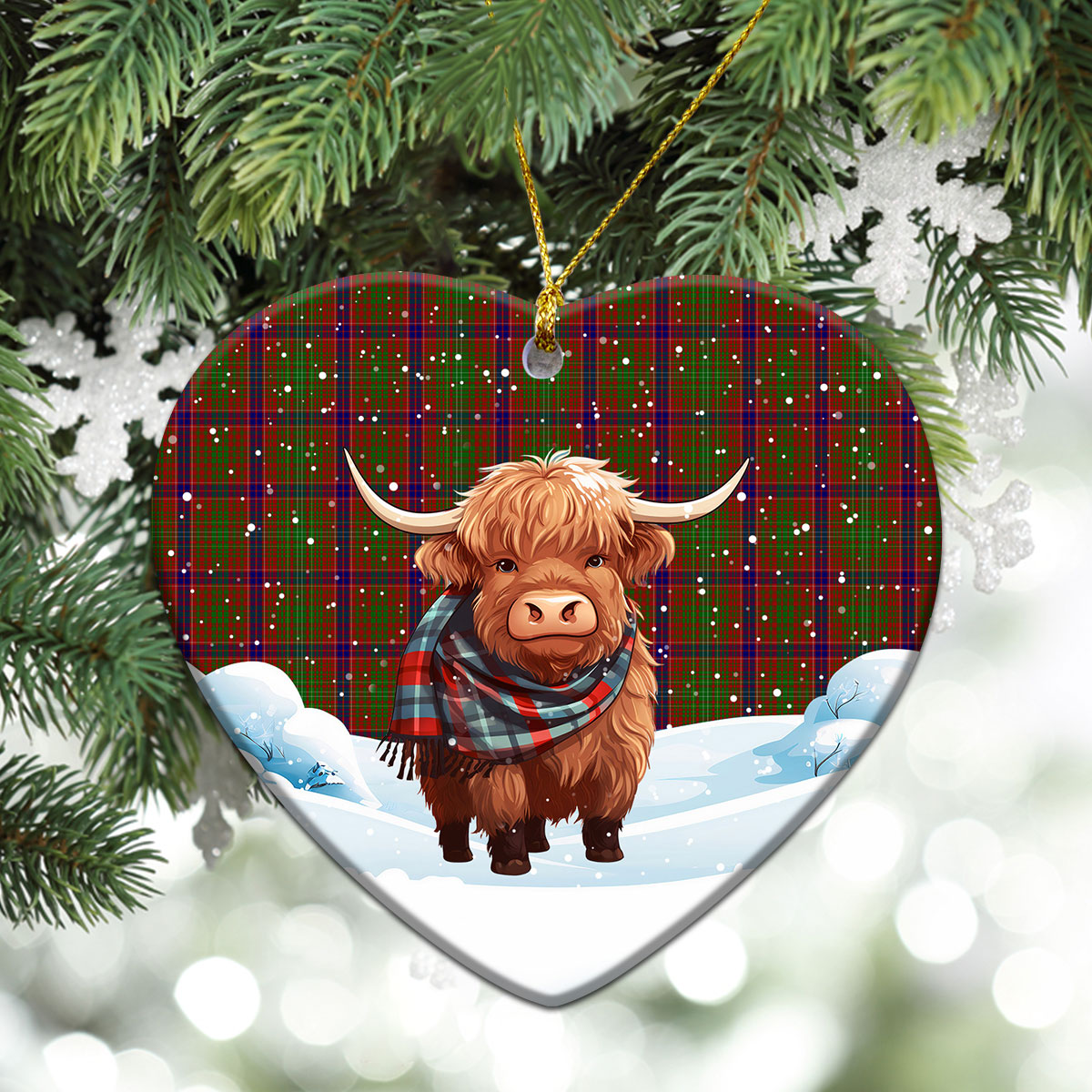 Lumsden Tartan Christmas Ceramic Ornament - Highland Cows Snow Style