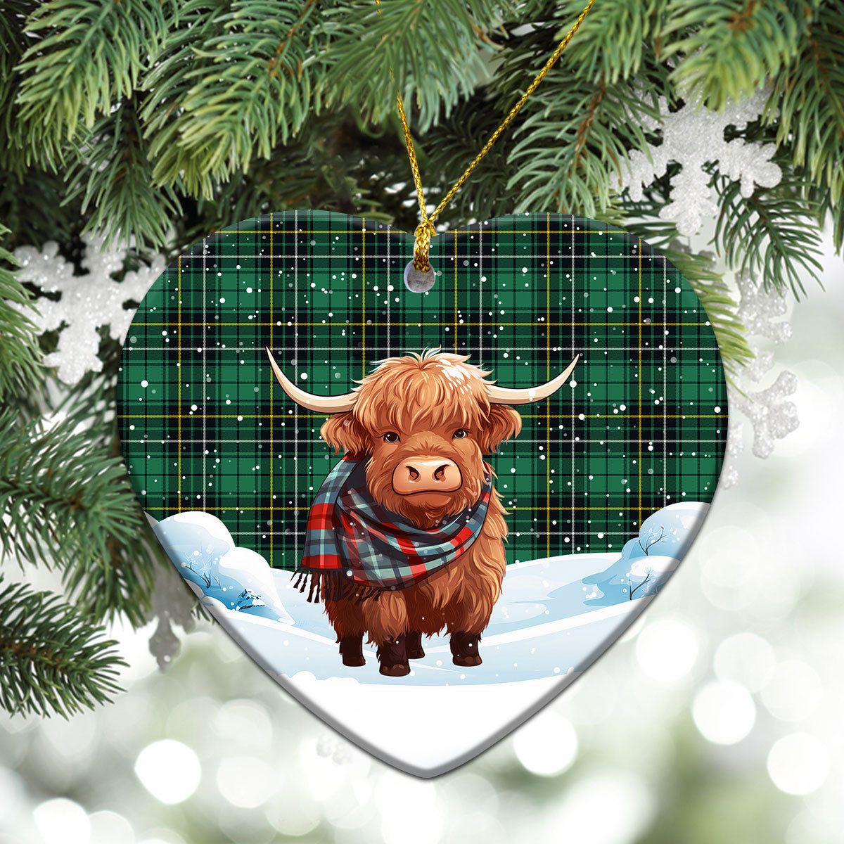 MacAlpine Ancient Tartan Christmas Ceramic Ornament - Highland Cows Snow Style