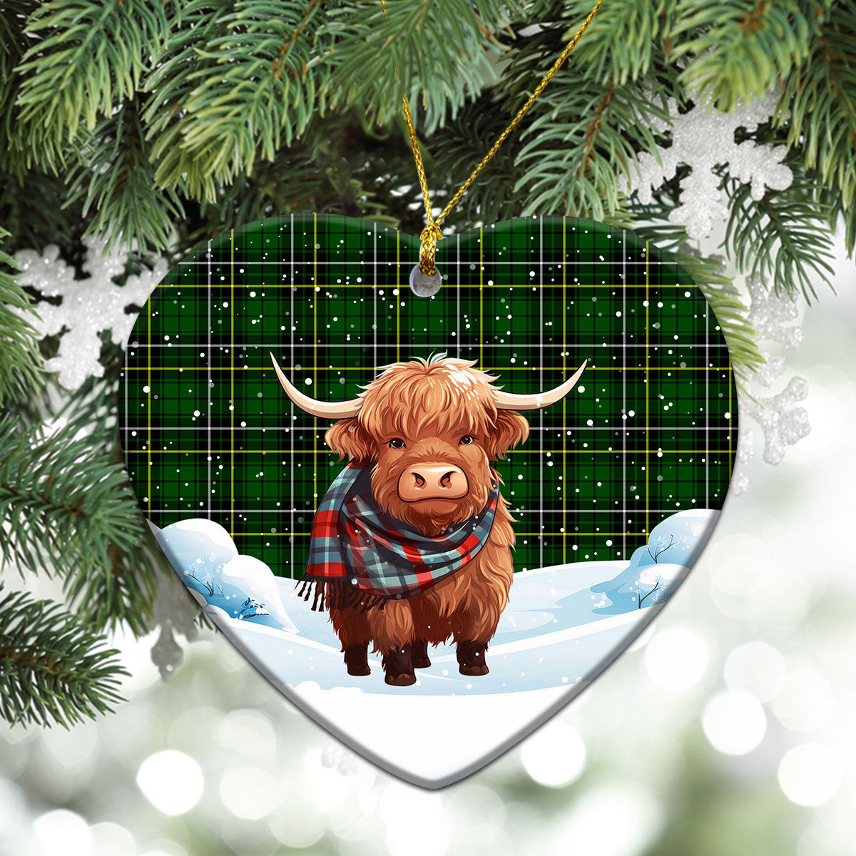 MacAlpine Modern Tartan Christmas Ceramic Ornament - Highland Cows Snow Style