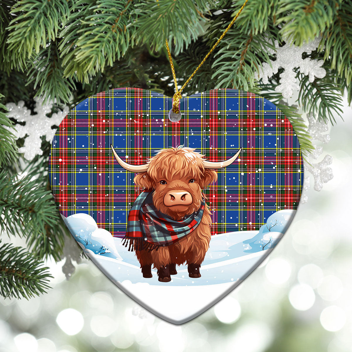 MacBeth Modern Tartan Christmas Ceramic Ornament - Highland Cows Snow Style