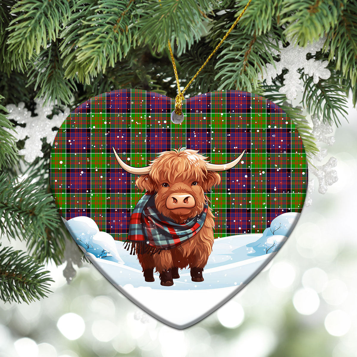 MacDonald (Clan Ranald) Tartan Christmas Ceramic Ornament - Highland Cows Snow Style