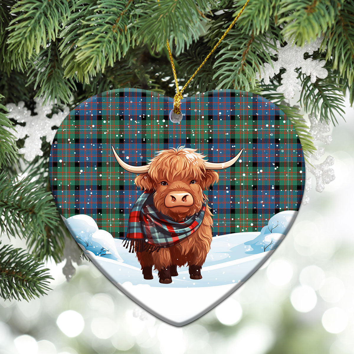 MacDonnell of Glengarry Ancient Tartan Christmas Ceramic Ornament - Highland Cows Snow Style