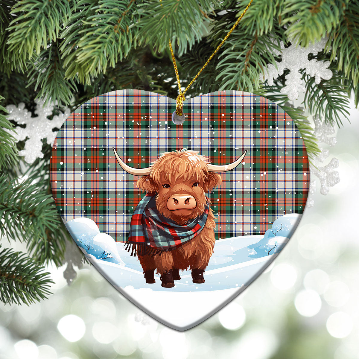 MacDuff Dress Ancient Tartan Christmas Ceramic Ornament - Highland Cows Snow Style