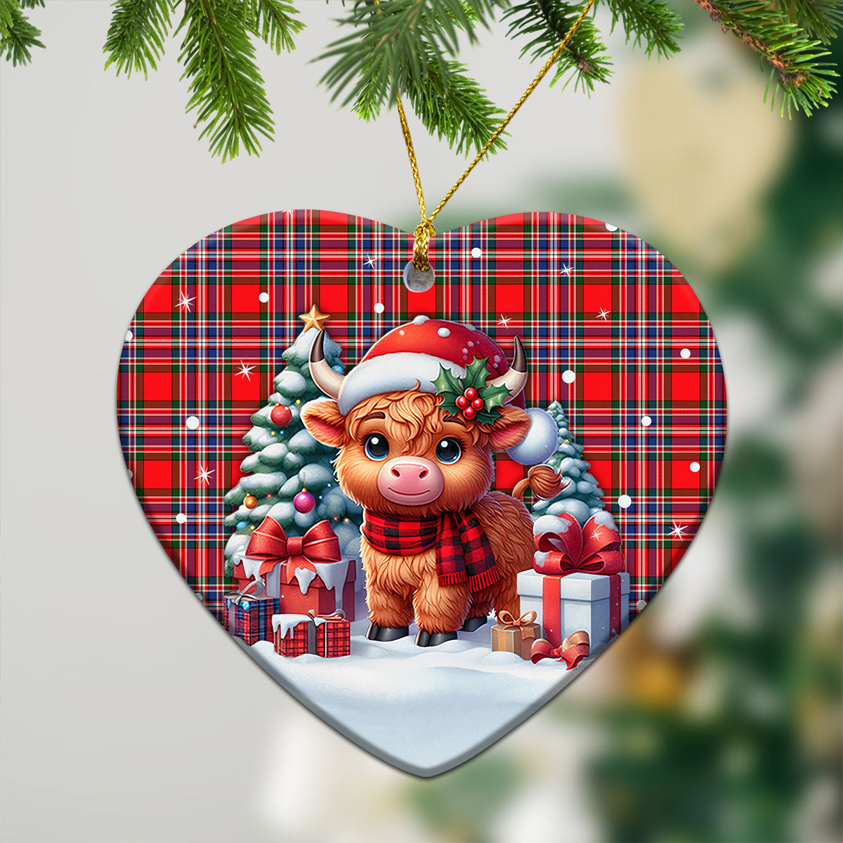 MacFarlane Modern Tartan Christmas Ceramic Ornament - Highland Cow Winter Style