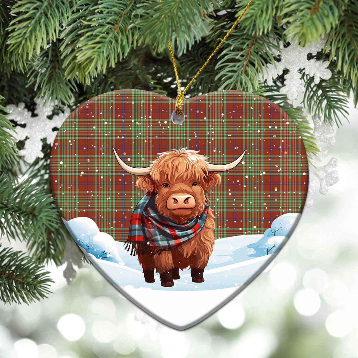 MacGillivray Hunting Ancient Tartan Christmas Ceramic Ornament - Highland Cows Snow Style