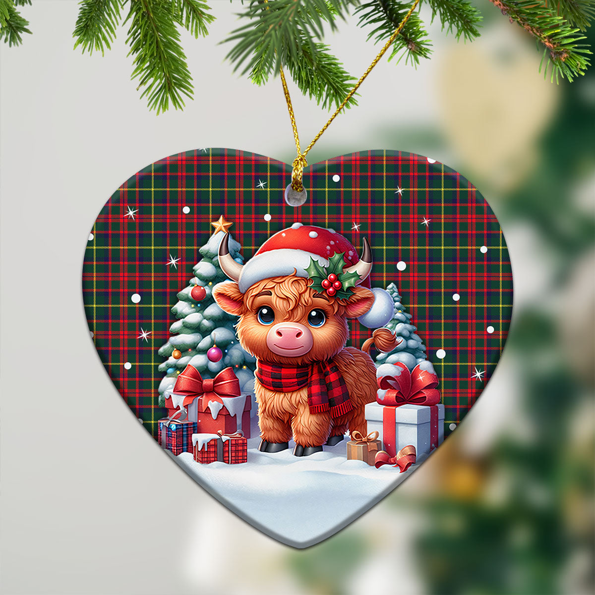 MacIntosh Hunting Modern Tartan Christmas Ceramic Ornament - Highland Cow Winter Style