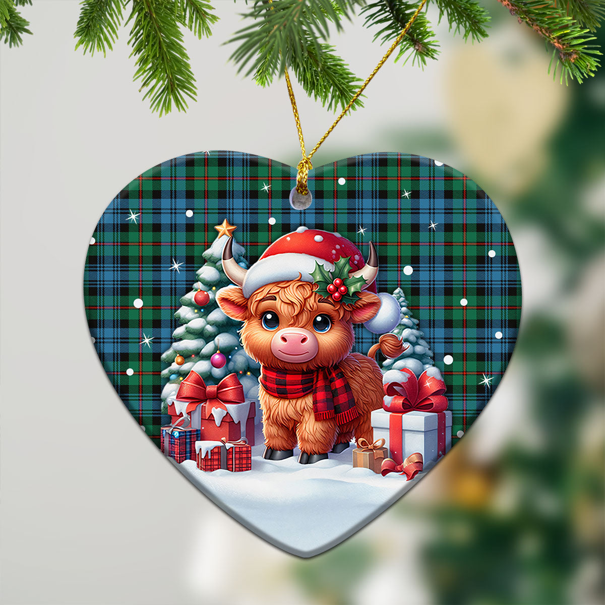 MacKinlay Ancient Tartan Christmas Ceramic Ornament - Highland Cow Winter Style