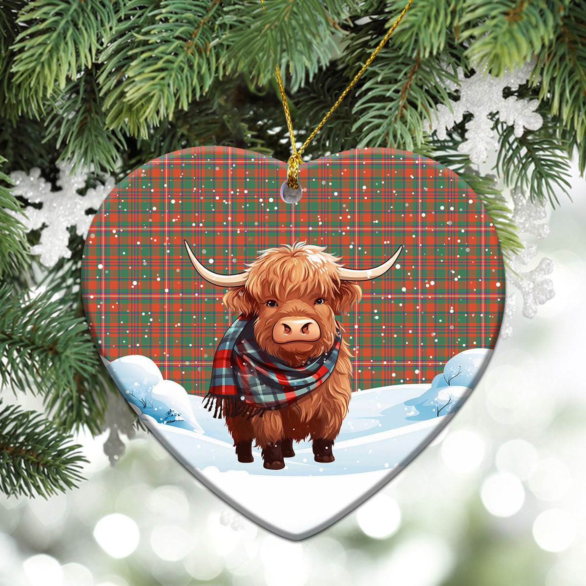 MacKinnon Ancient Tartan Christmas Ceramic Ornament - Highland Cows Snow Style