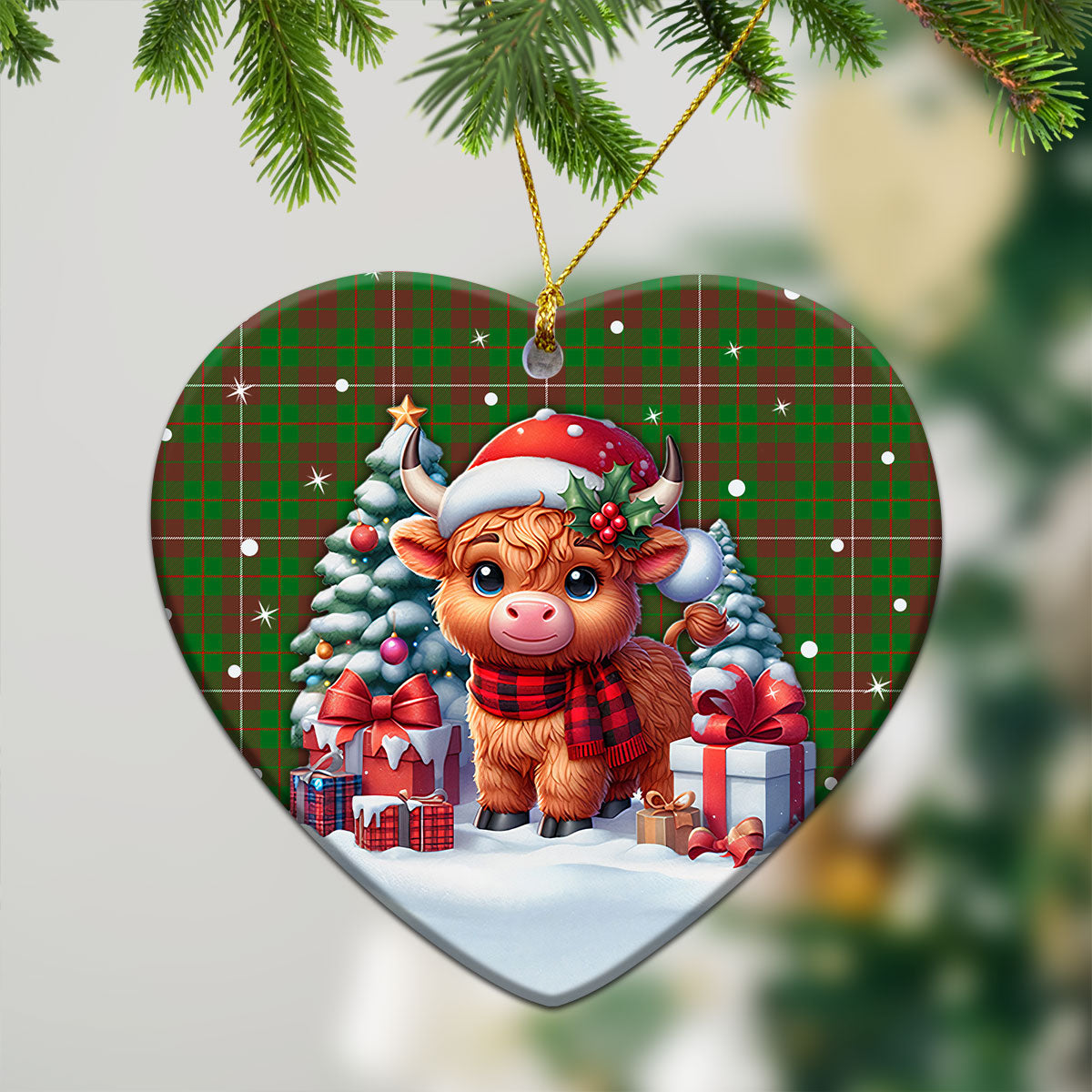 MacKinnon Hunting Modern Tartan Christmas Ceramic Ornament - Highland Cow Winter Style