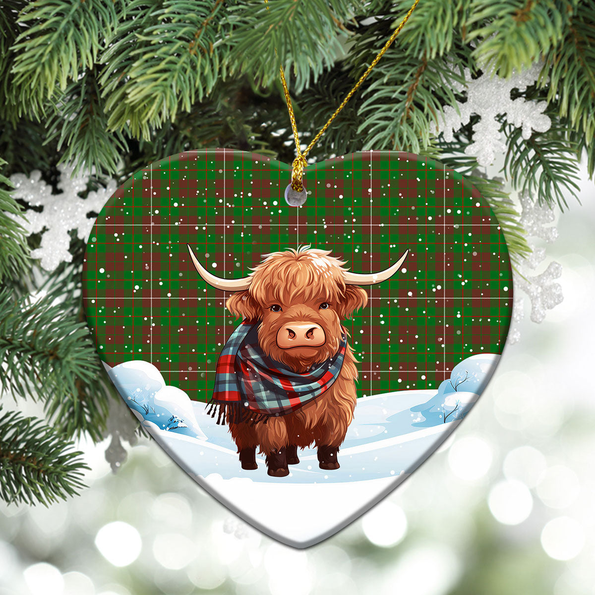 MacKinnon Hunting Modern Tartan Christmas Ceramic Ornament - Highland Cows Snow Style