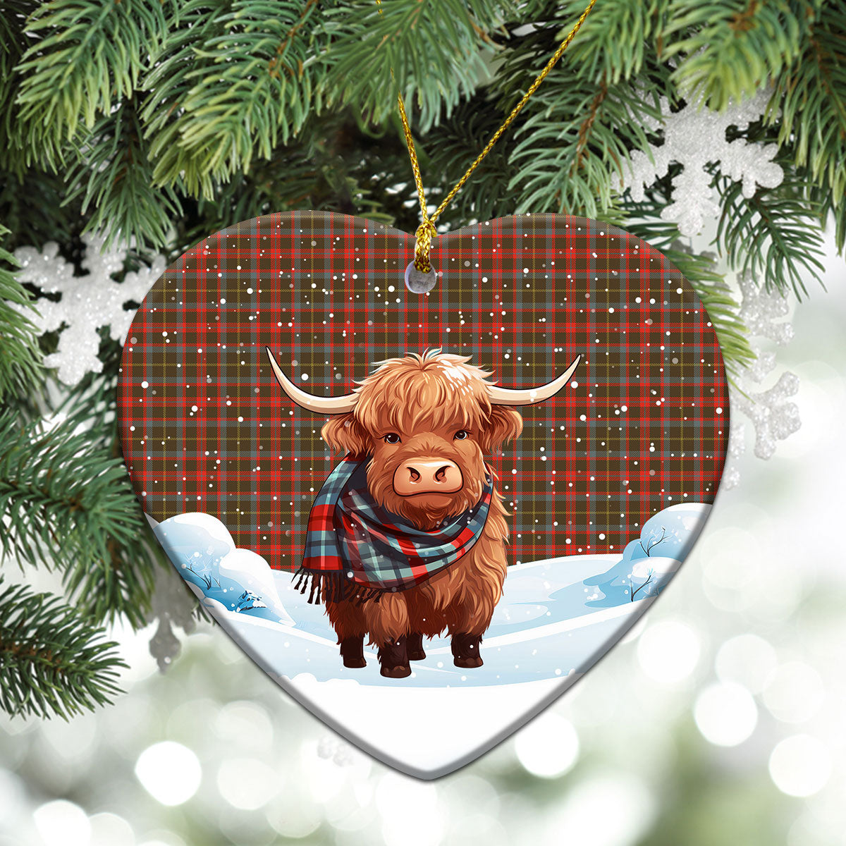 MacKintosh Hunting Weathered Tartan Christmas Ceramic Ornament - Highland Cows Snow Style