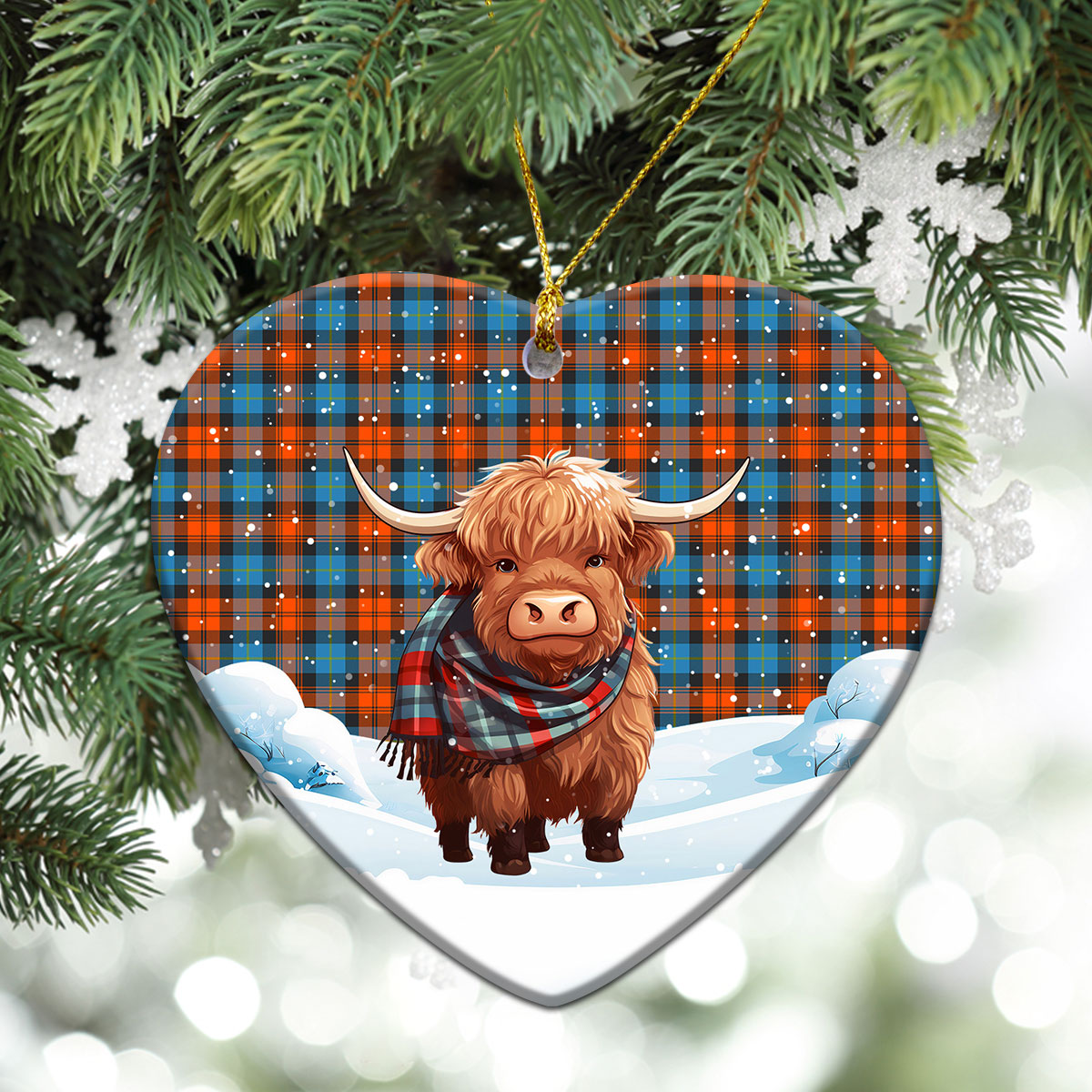 MacLachlan Ancient Tartan Christmas Ceramic Ornament - Highland Cows Snow Style