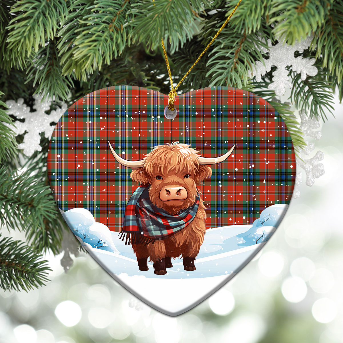 MacLean of Duart Ancient Tartan Christmas Ceramic Ornament - Highland Cows Snow Style