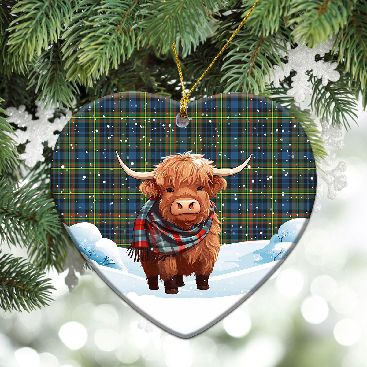 MacLellan Ancient Tartan Christmas Ceramic Ornament - Highland Cows Snow Style