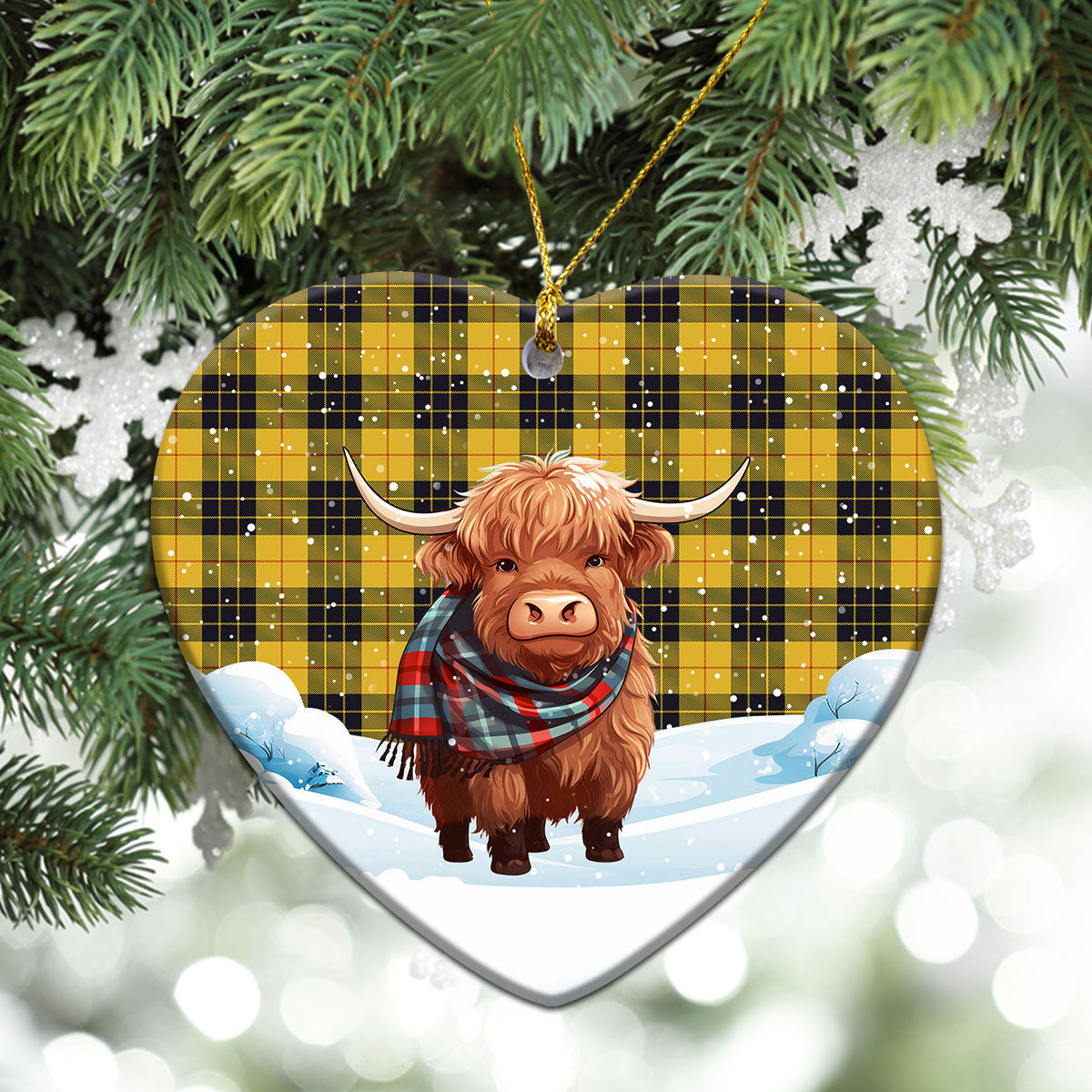 MacLeod of Lewis Ancient Tartan Christmas Ceramic Ornament - Highland Cows Snow Style