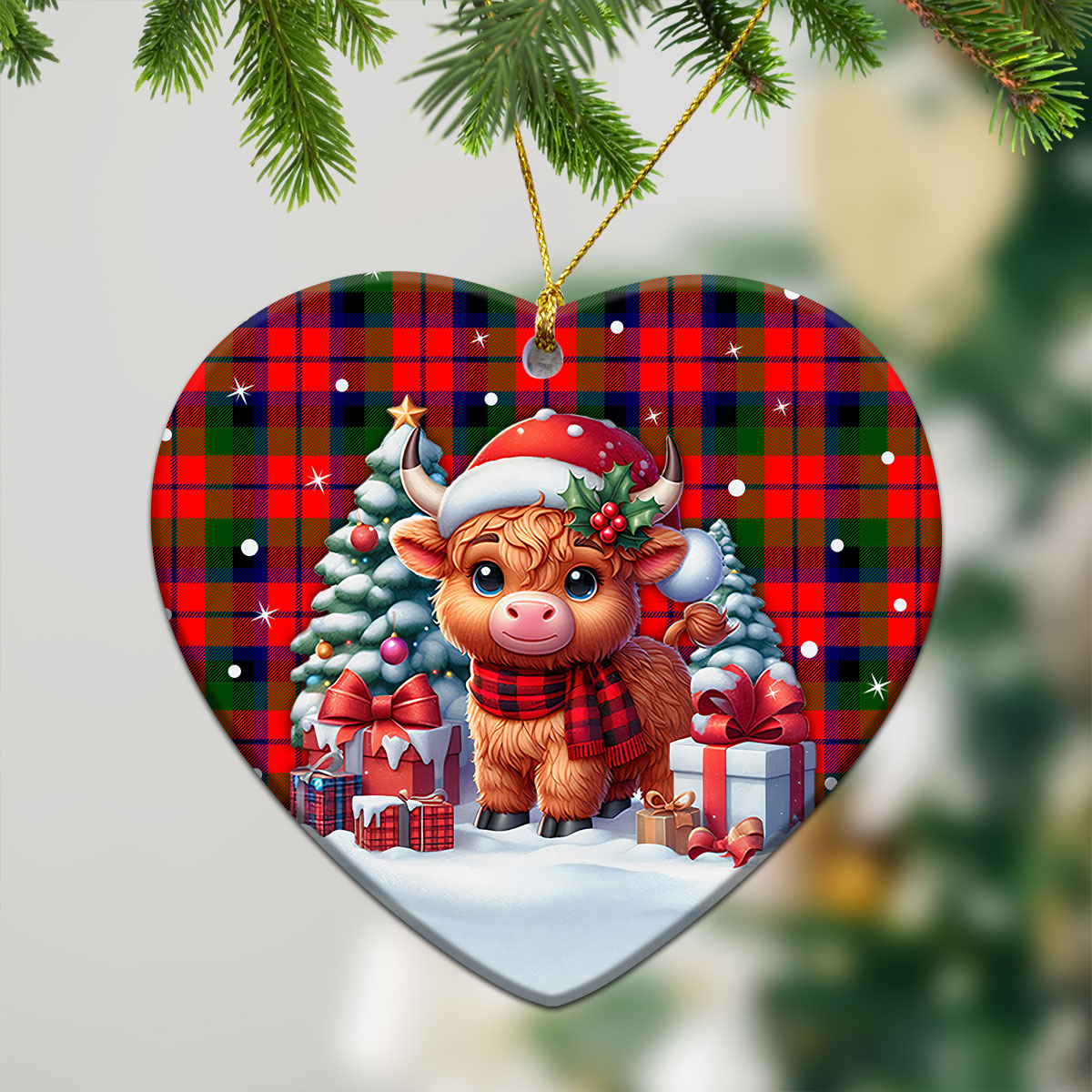 MacNaughten Tartan Christmas Ceramic Ornament - Highland Cow Winter Style