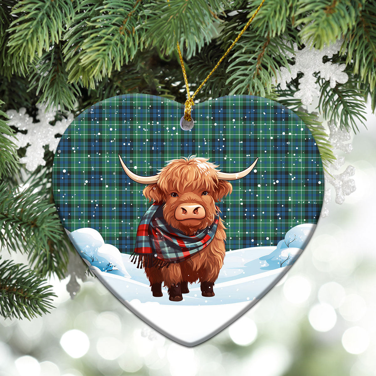 MacNeil of Colonsay Ancient Tartan Christmas Ceramic Ornament - Highland Cows Snow Style