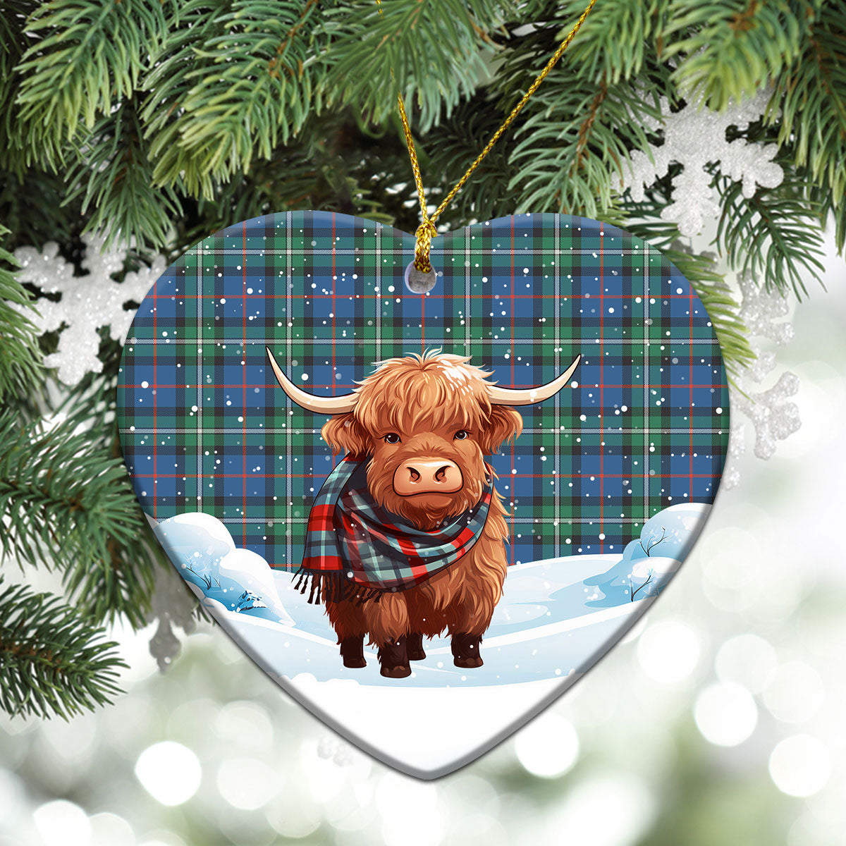 MacPhail Hunting Ancient Tartan Christmas Ceramic Ornament - Highland Cows Snow Style