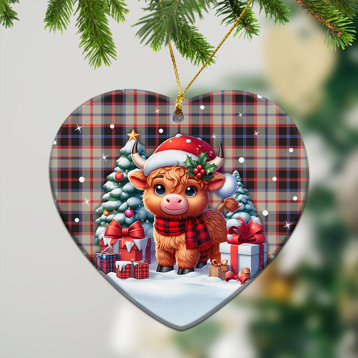 MacPherson Hunting Ancient Tartan Christmas Ceramic Ornament - Highland Cow Winter Style