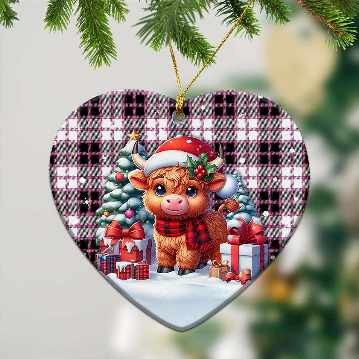 MacPherson Hunting Modern Tartan Christmas Ceramic Ornament - Highland Cow Winter Style