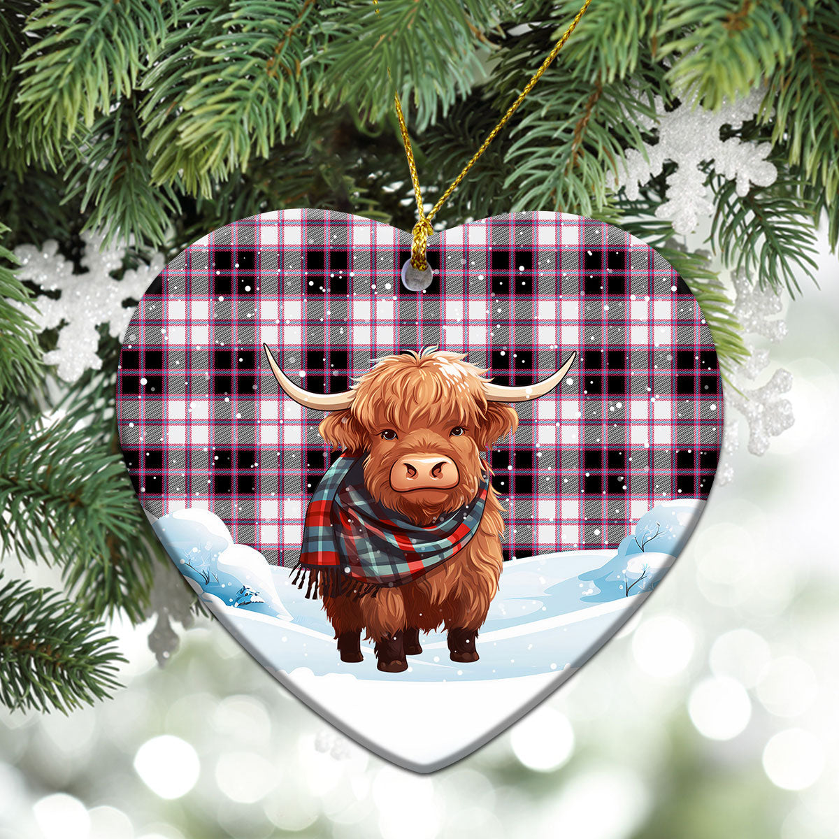 MacPherson Hunting Modern Tartan Christmas Ceramic Ornament - Highland Cows Snow Style