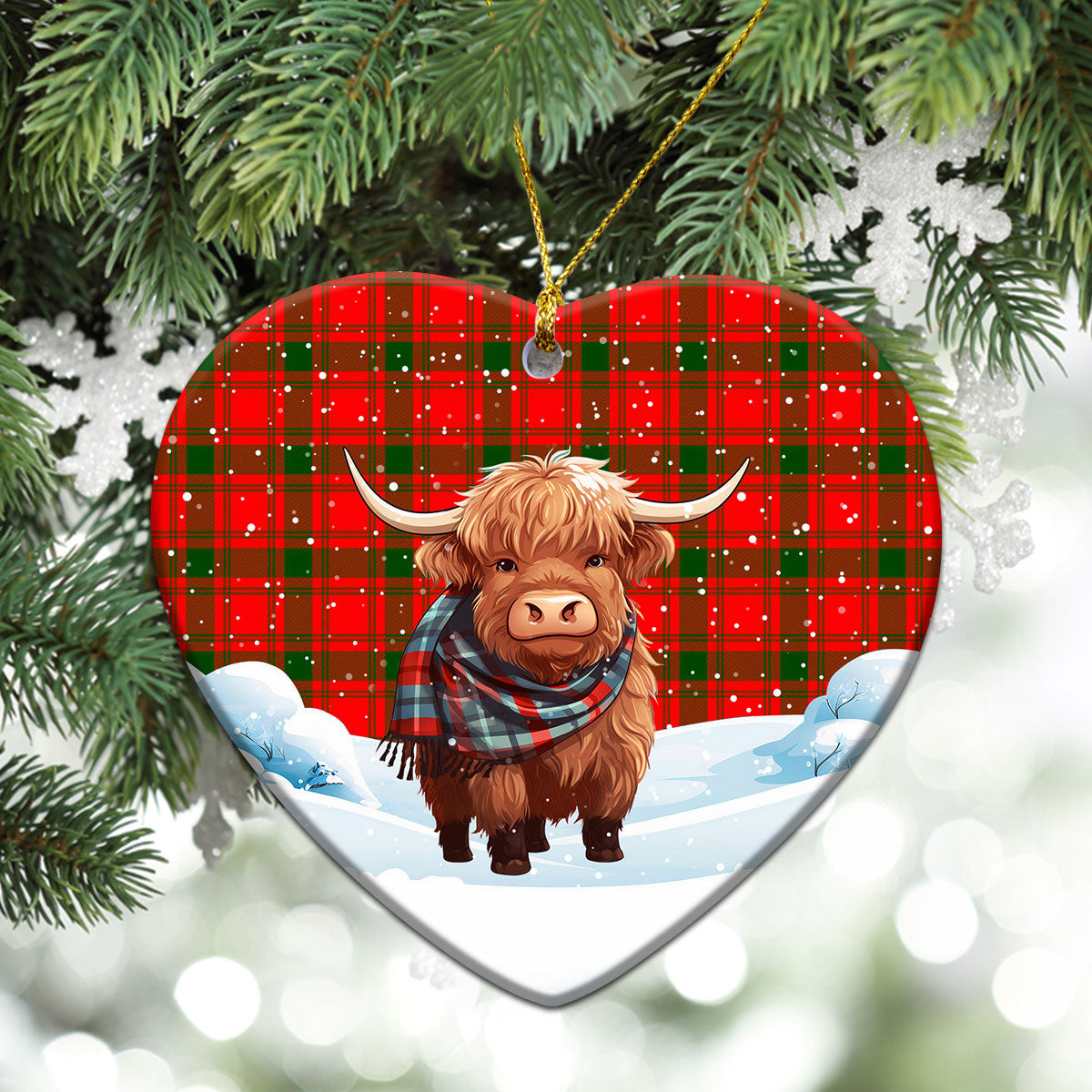 MacQuarrie Tartan Christmas Ceramic Ornament - Highland Cows Snow Style