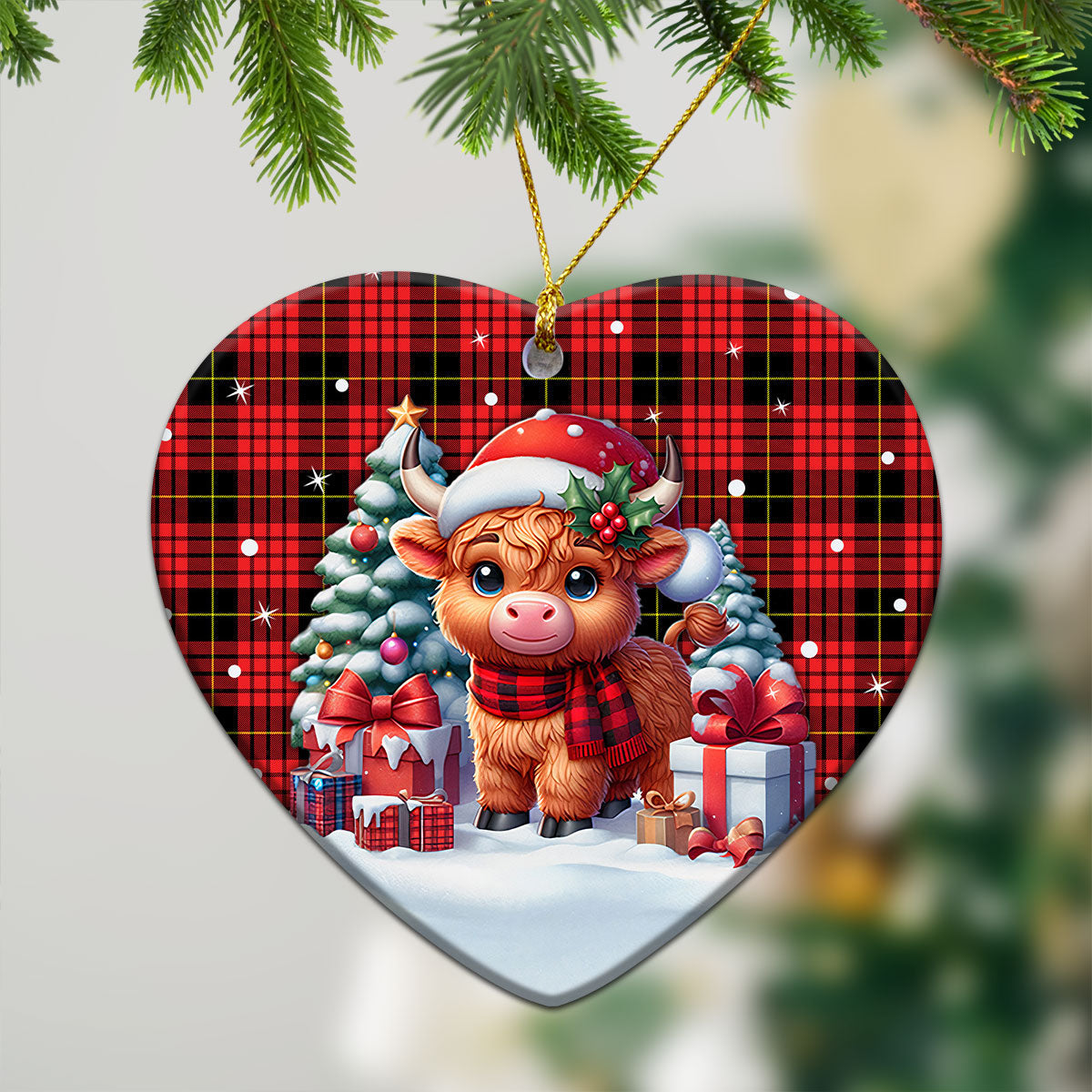 MacQueen Modern Tartan Christmas Ceramic Ornament - Highland Cow Winter Style