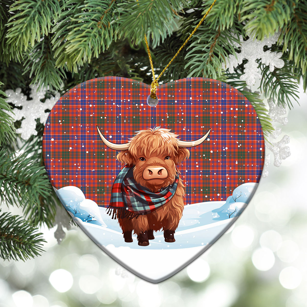 MacRae Ancient Tartan Christmas Ceramic Ornament - Highland Cows Snow Style