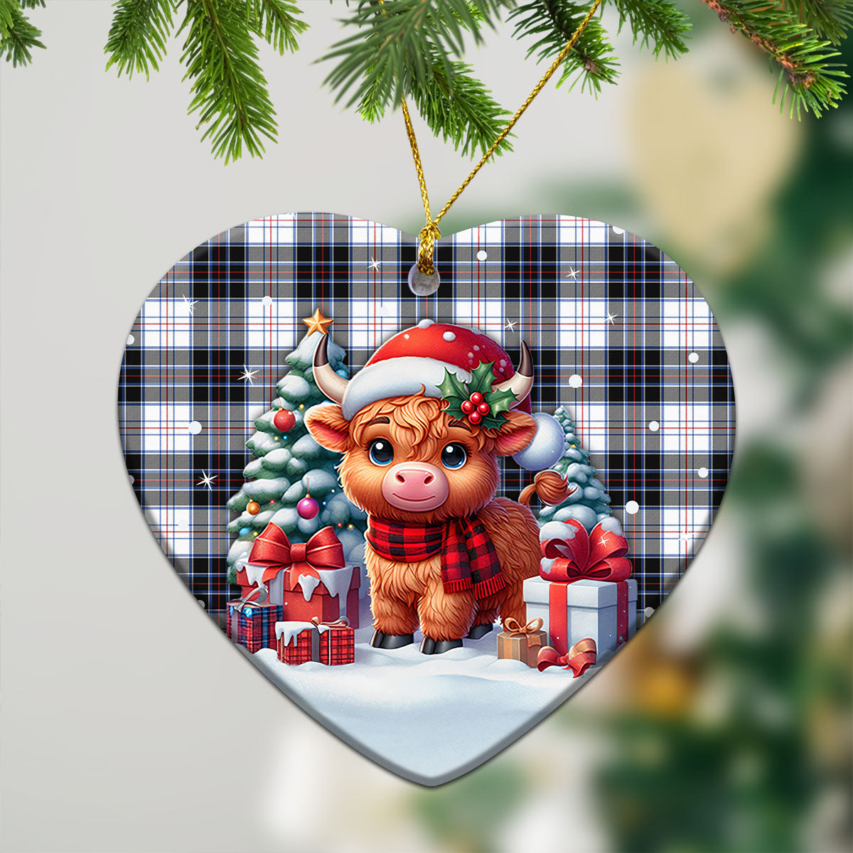 MacRae Dress Modern Tartan Christmas Ceramic Ornament - Highland Cow Winter Style