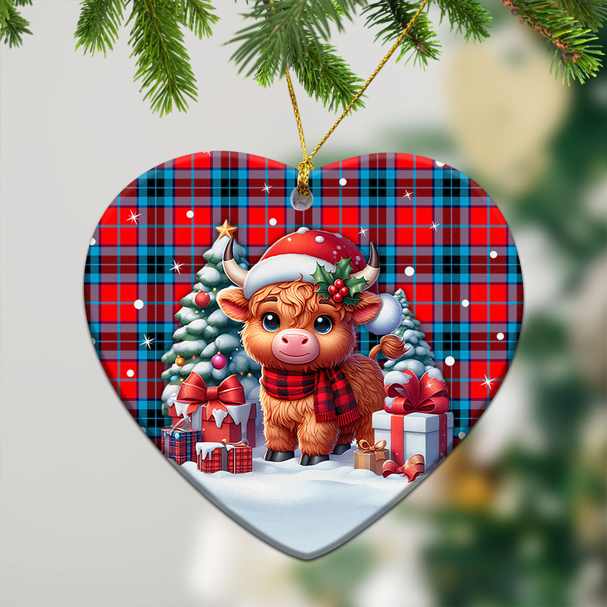 MacTavish Modern Tartan Christmas Ceramic Ornament - Highland Cow Winter Style