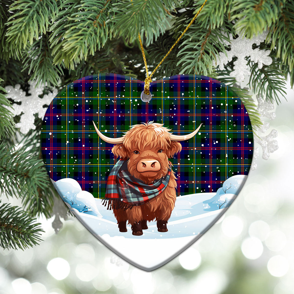 Malcolm (or MacCallum) Tartan Christmas Ceramic Ornament - Highland Cows Snow Style