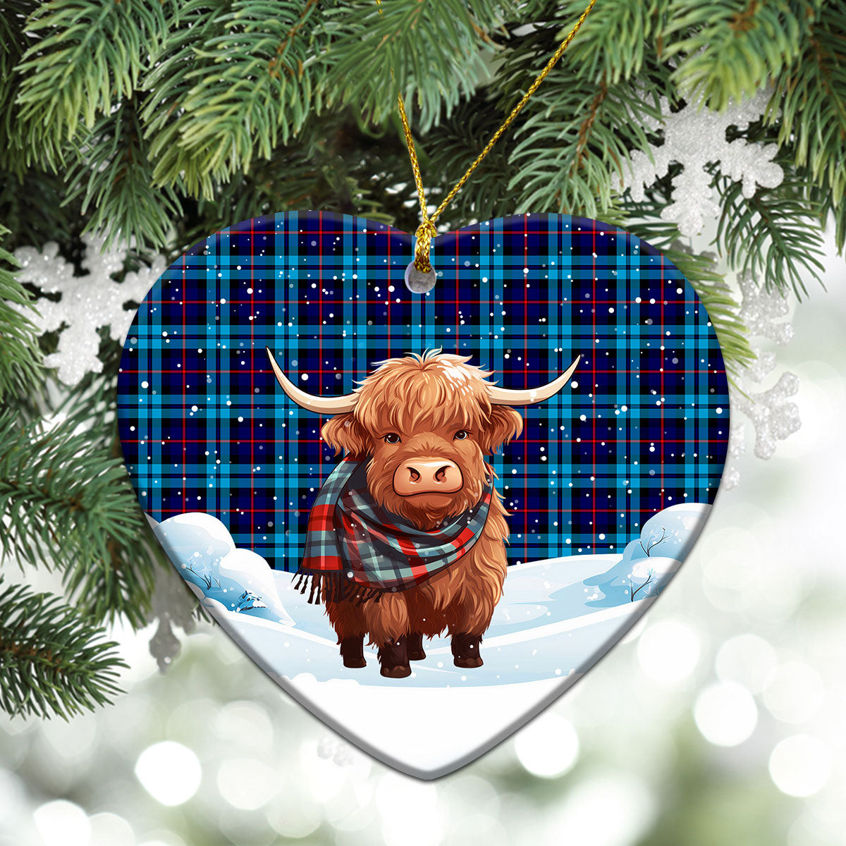 McCorquodale Tartan Christmas Ceramic Ornament - Highland Cows Snow Style