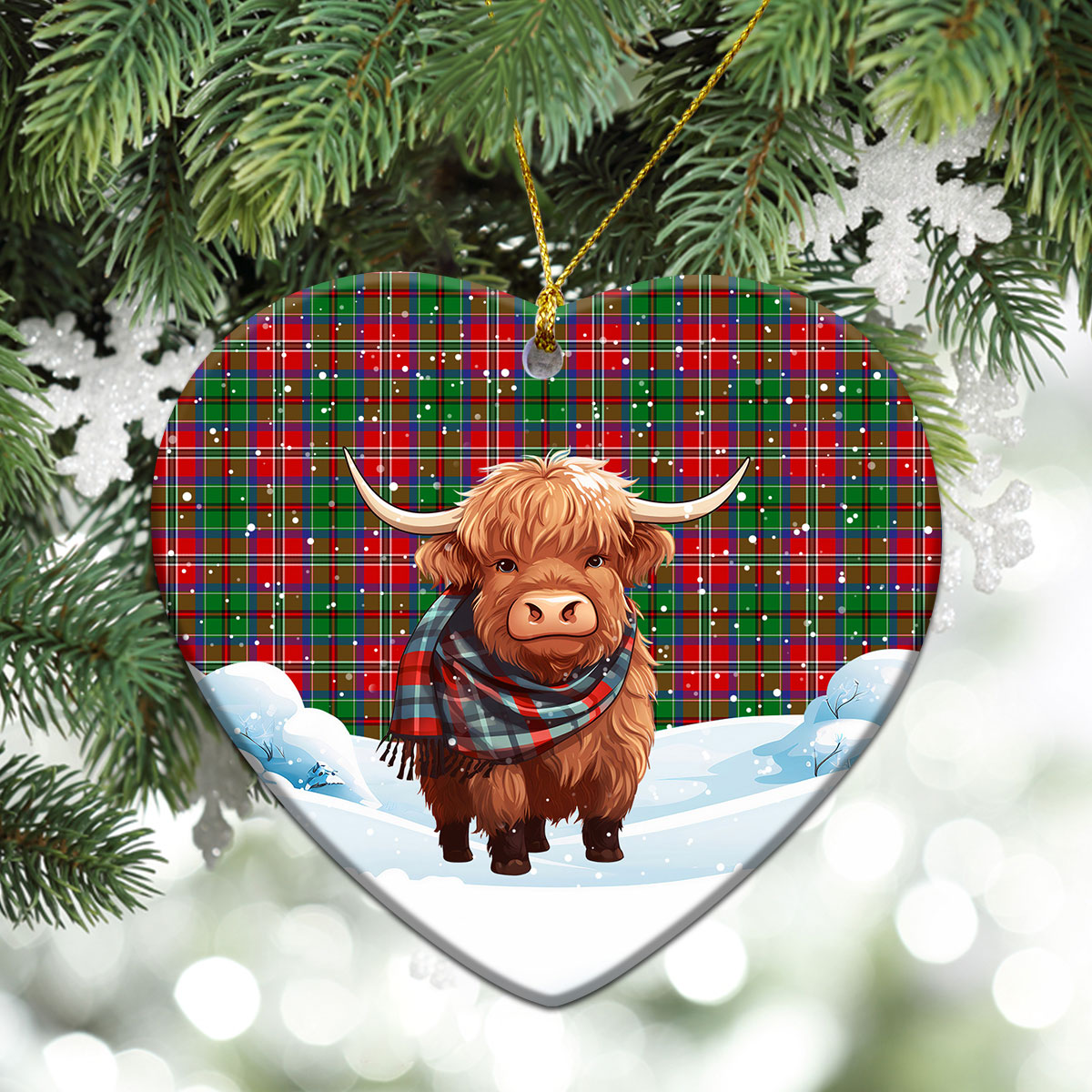 McCullough Tartan Christmas Ceramic Ornament - Highland Cows Snow Style