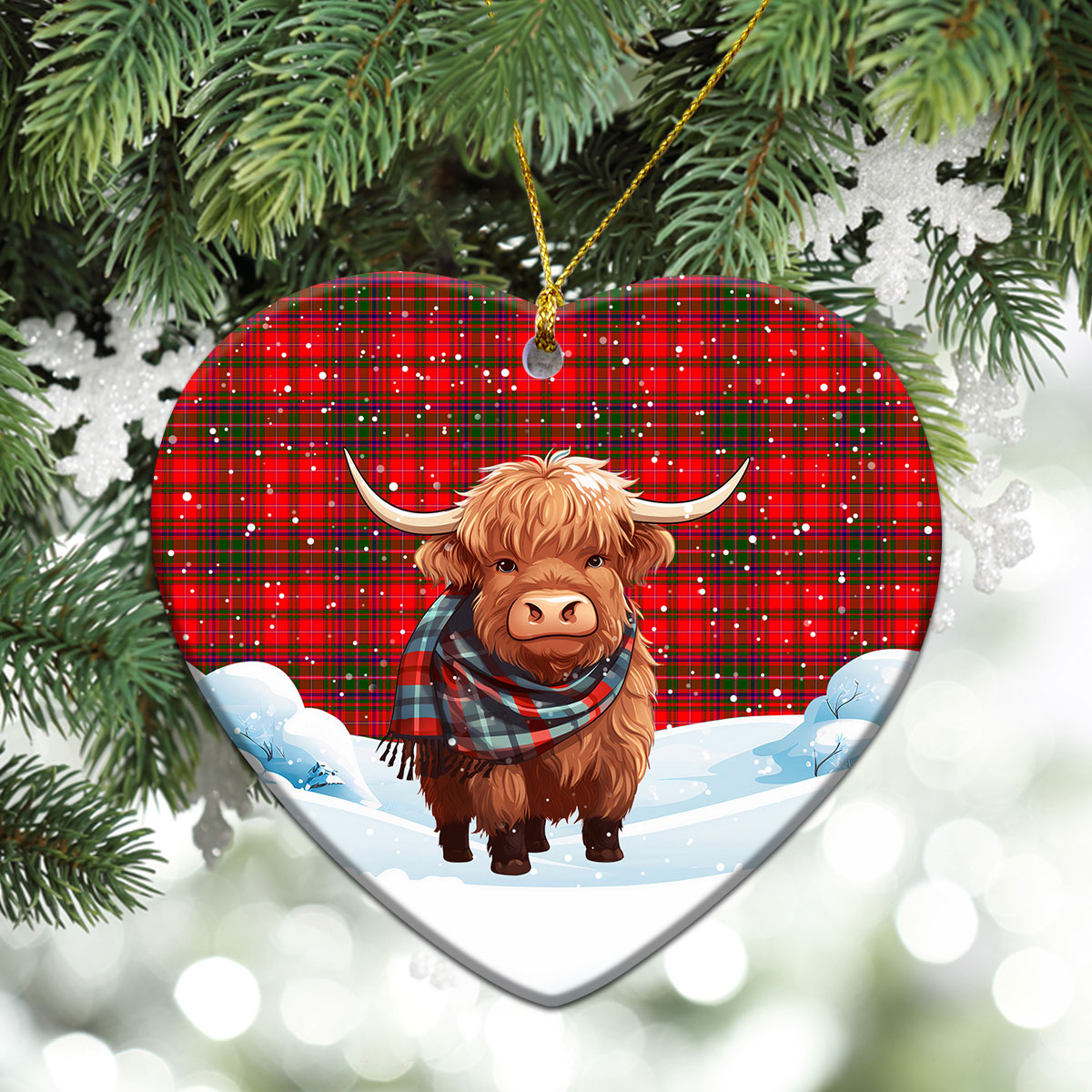 McDougall Modern Tartan Christmas Ceramic Ornament - Highland Cows Snow Style