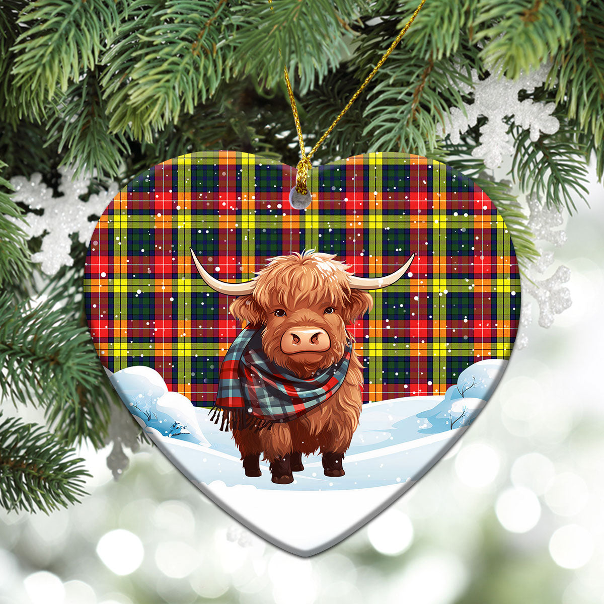 McIndoe Tartan Christmas Ceramic Ornament - Highland Cows Snow Style