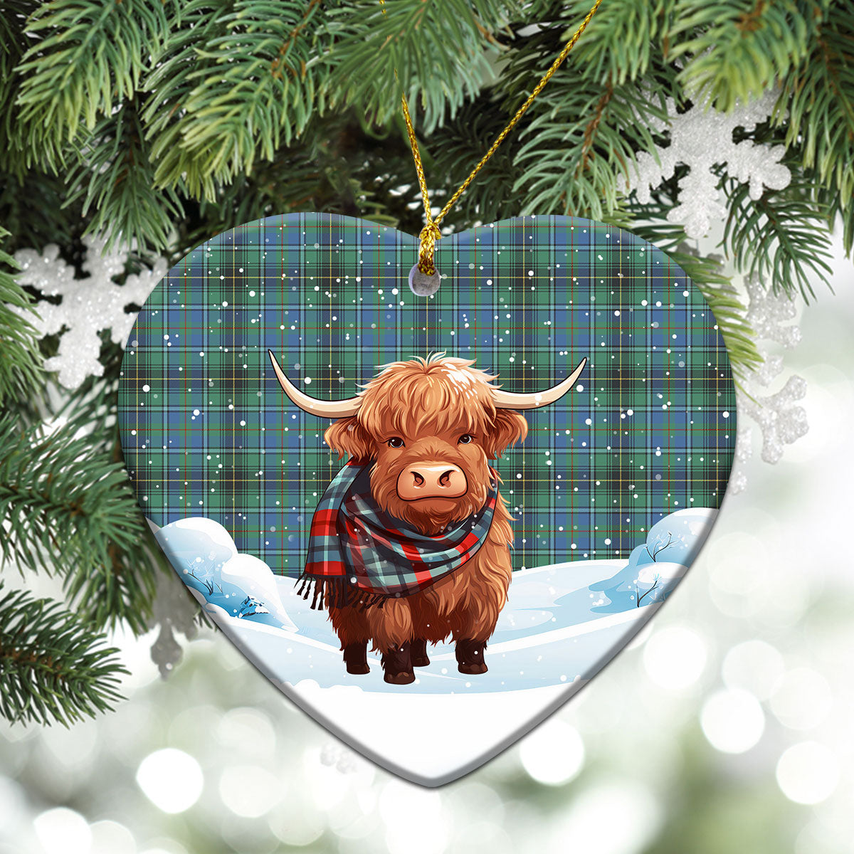 McInnes Ancient Tartan Christmas Ceramic Ornament - Highland Cows Snow Style