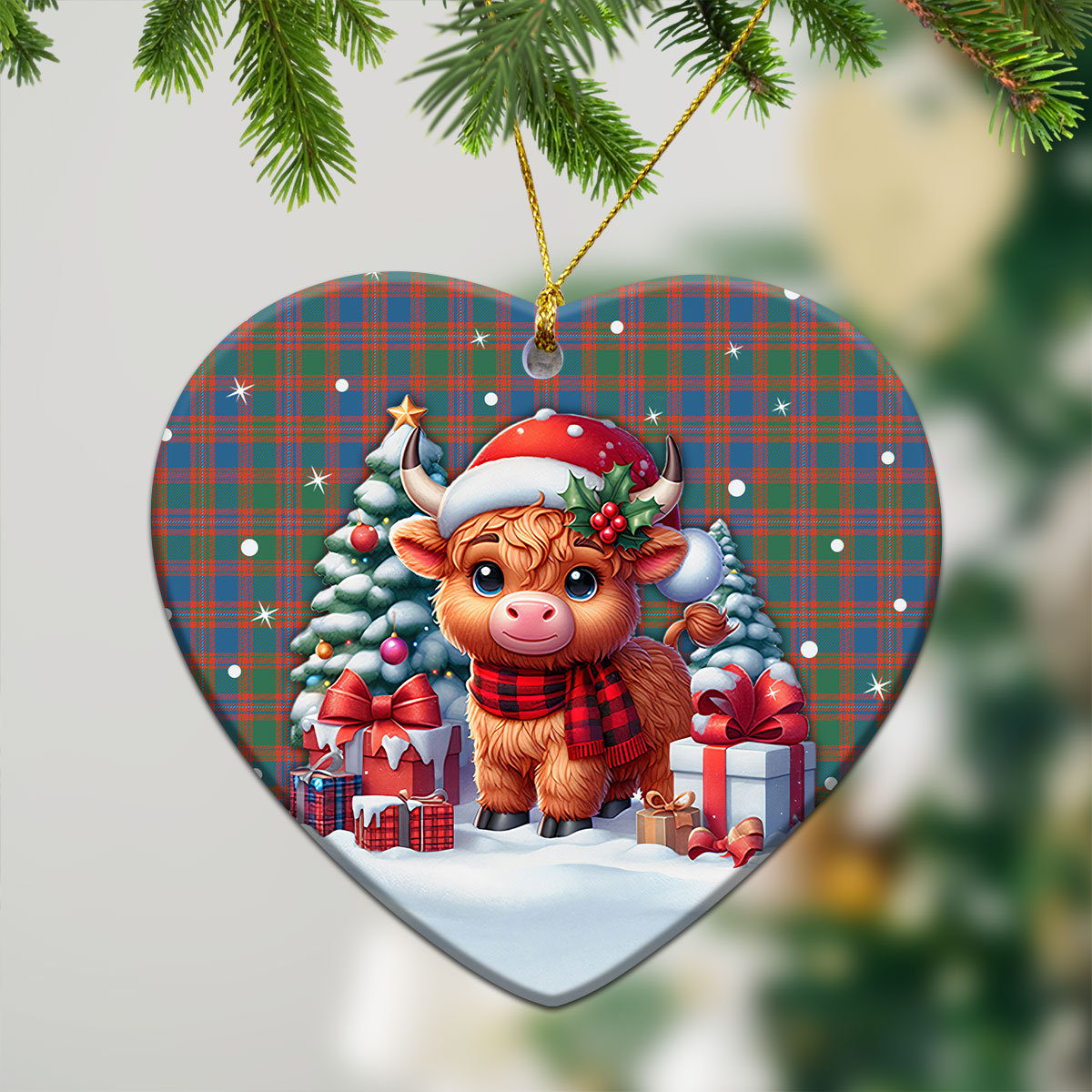 McIntyre Ancient Tartan Christmas Ceramic Ornament - Highland Cow Winter Style