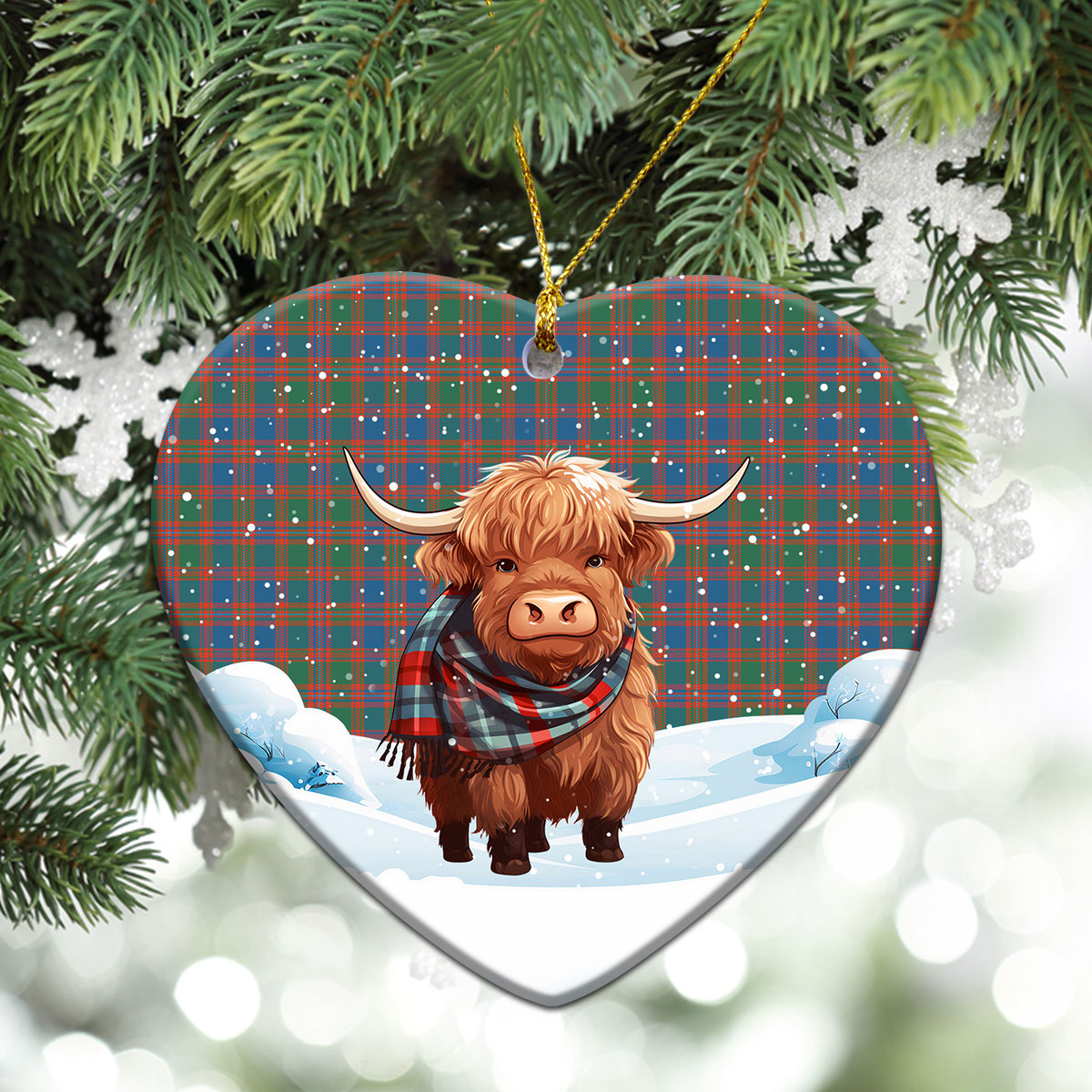 McIntyre Ancient Tartan Christmas Ceramic Ornament - Highland Cows Snow Style