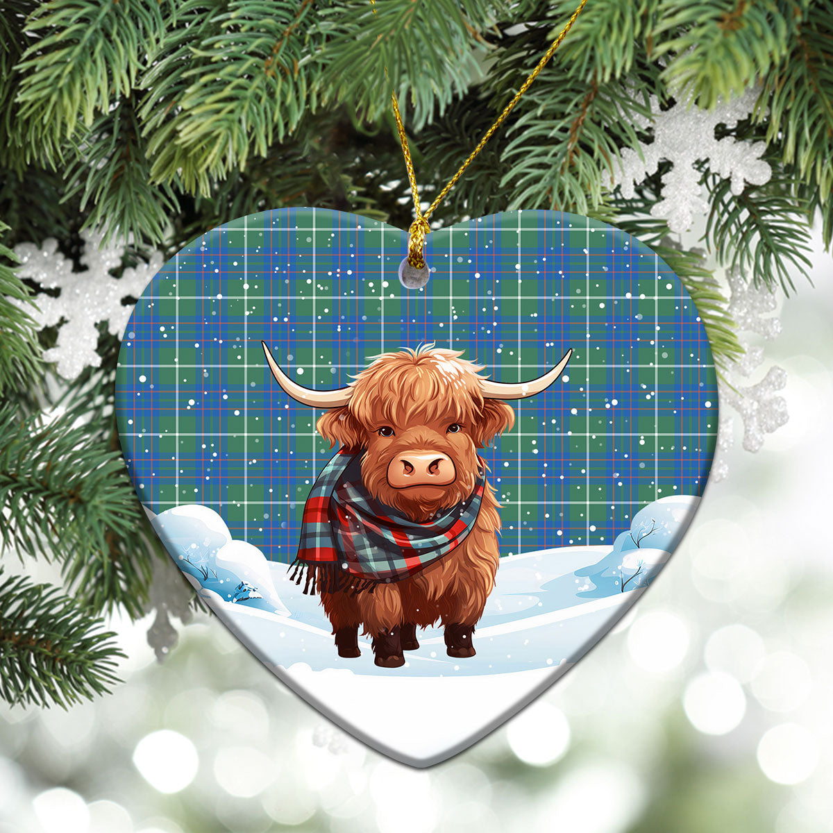 McIntyre Hunting Ancient Tartan Christmas Ceramic Ornament - Highland Cows Snow Style