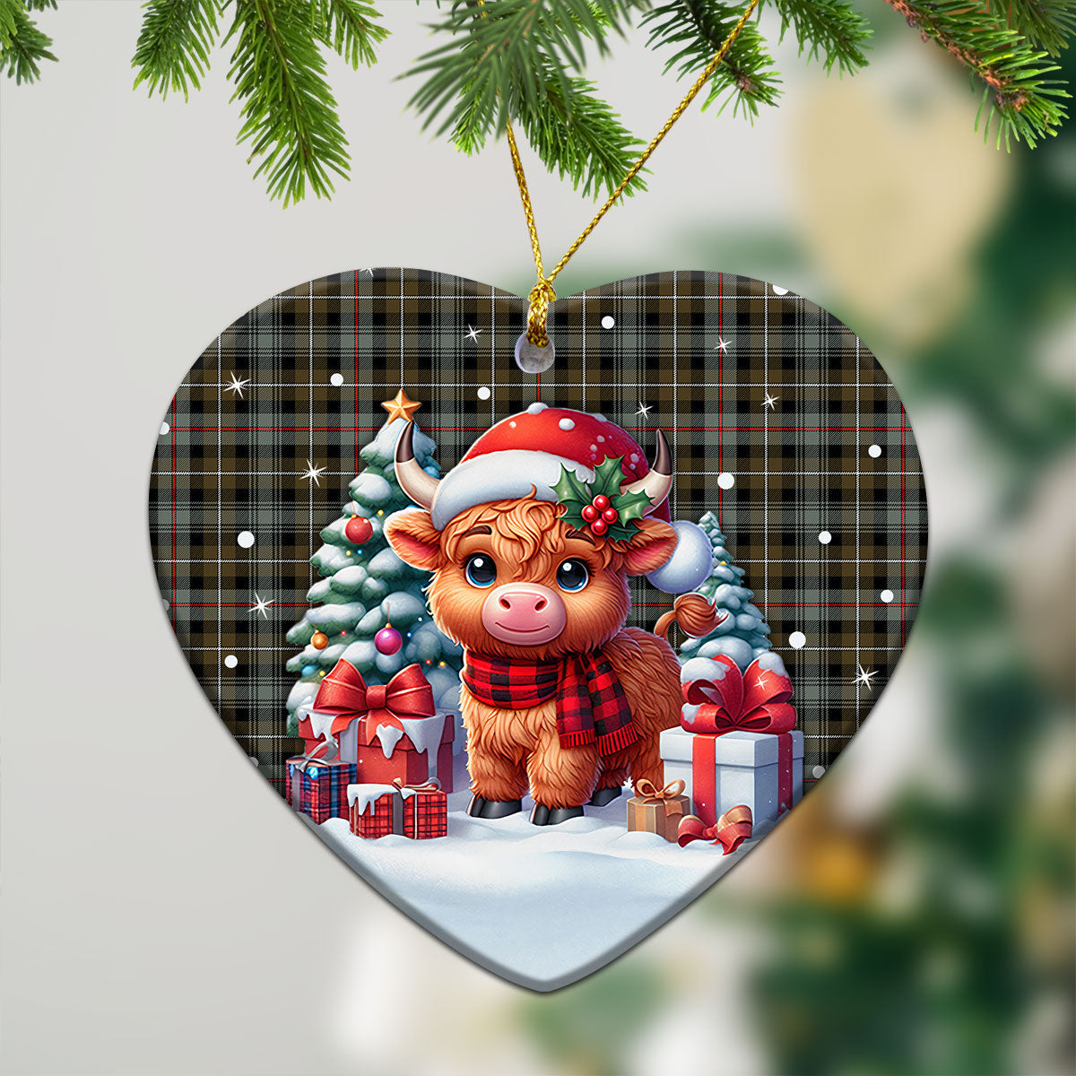 McKenzie Weathered Tartan Christmas Ceramic Ornament - Highland Cow Winter Style