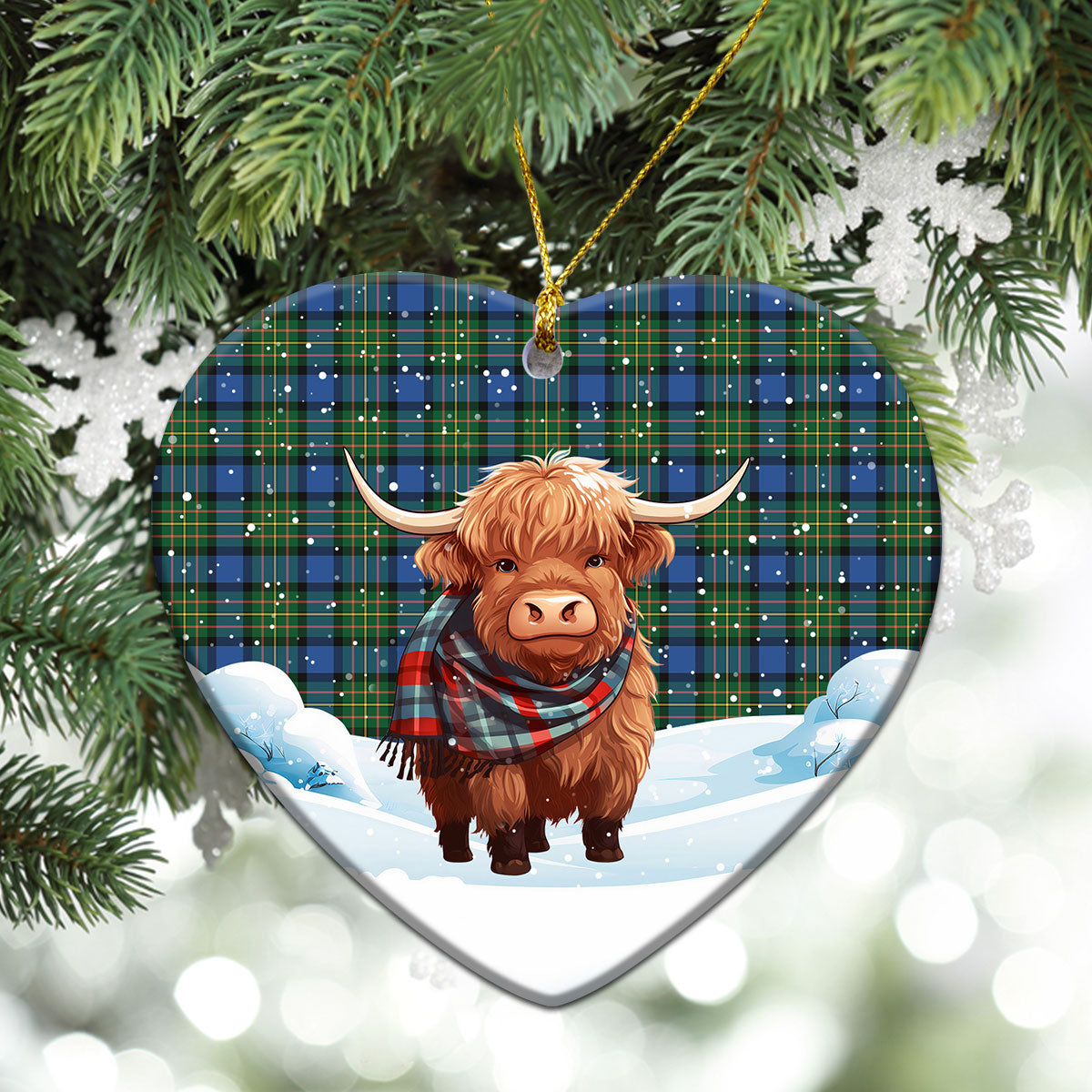 McLaren Ancient Tartan Christmas Ceramic Ornament - Highland Cows Snow Style