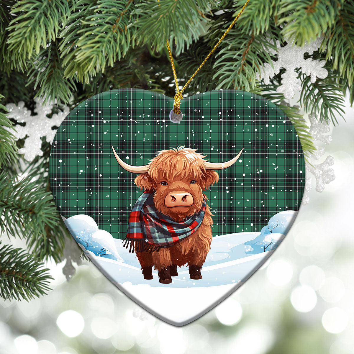 McLean Hunting Ancient Tartan Christmas Ceramic Ornament - Highland Cows Snow Style