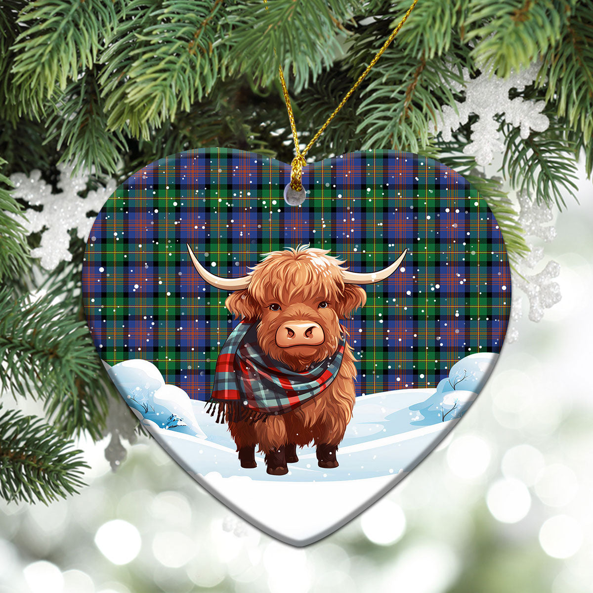 McLennan Ancient Tartan Christmas Ceramic Ornament - Highland Cows Snow Style