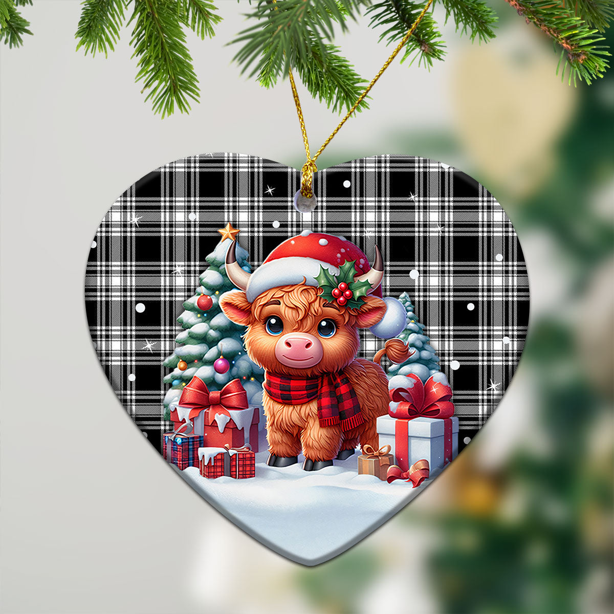 Menzies Black - White Modern Tartan Christmas Ceramic Ornament - Highland Cow Winter Style