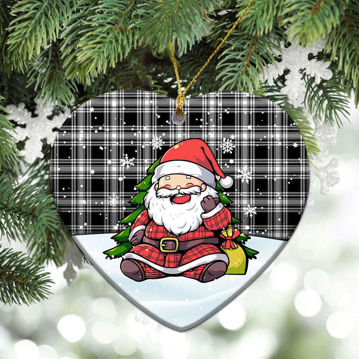 Menzies Black - White Modern Tartan Christmas Ceramic Ornament - Scottish Santa Style